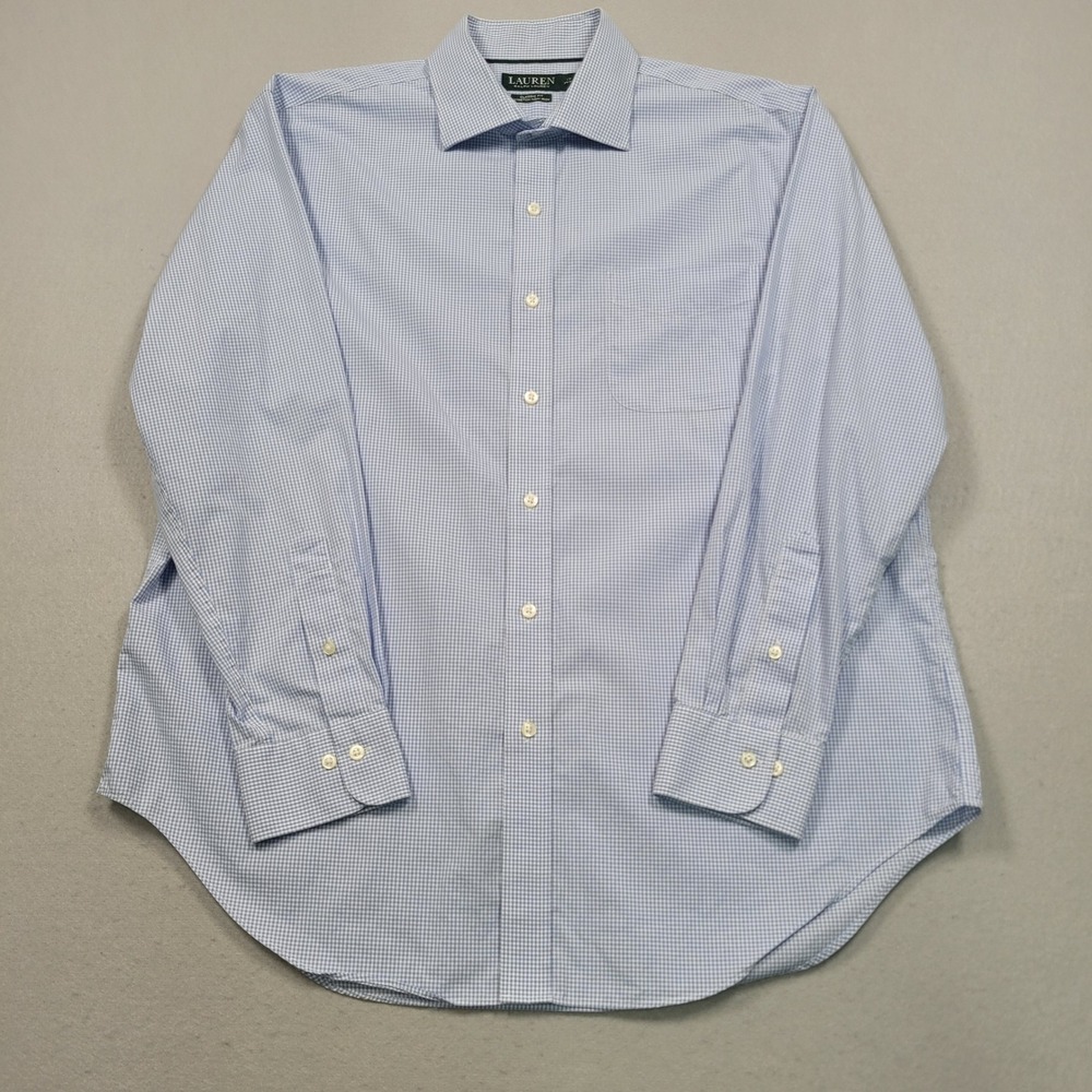 Lauren Ralph Lauren Mens Dress Shirt Blue Gingham Classic Fit Stretch 17 34/35